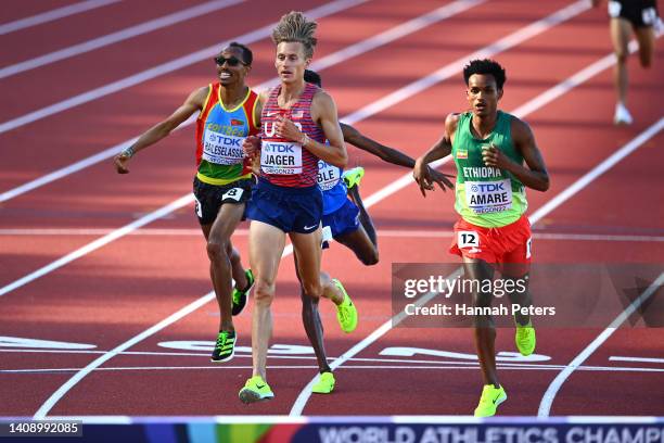 Evan Jager of Team United States and Hailemariyam Amare of Team Ethiopia compete in the Men’s 3000 Meter Steeplechase heats on day one of the World...