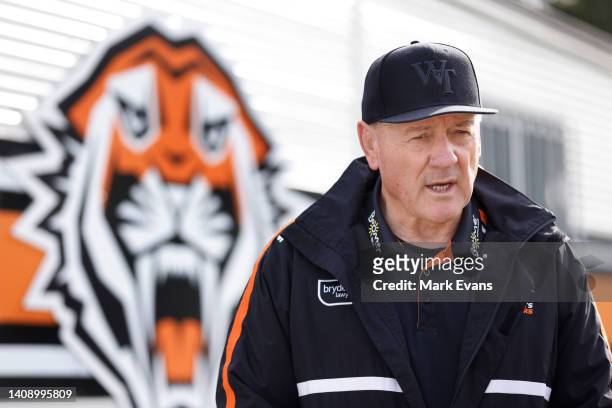 Wests Tigers head of football, Tim Sheens, speaks to the media during a Wests Tigers NRL media opportunity at Cintra park on July 16, 2022 in Sydney,...