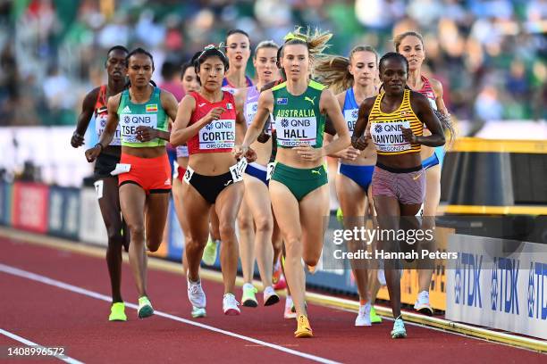 Alma Delia Cortes of Team Mexico, Linden Hall of Team Australia, and Winnie Nanyondo of Team Uganda compete in the Women’s 1500 Meter heats on day...