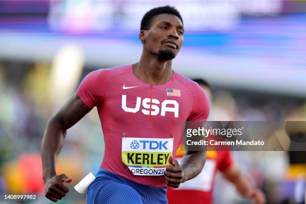 Fred Kerley of Team United States competes in the Men's 100 Meter heats on day one of the World Athletics Championships Oregon22 at Hayward Field on...