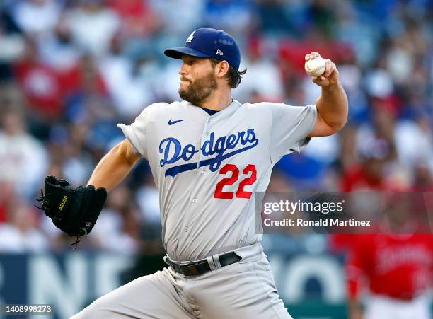 Clayton Kershaw of the Los Angeles Dodgers throws against the Los Angeles Angels in the first inning at Angel Stadium of Anaheim on July 15, 2022 in...