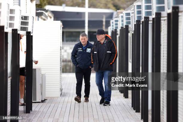 Royce Simmons and Tim Sheens arrive to speak to the media during a Wests Tigers NRL media opportunity at Cintra park on July 16, 2022 in Sydney,...