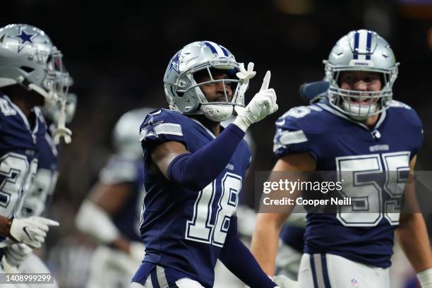 Damontae Kazee of the Dallas Cowboys celebrates against the New Orleans Saints during an NFL game at Caesars Superdome on December 02, 2021 in New...