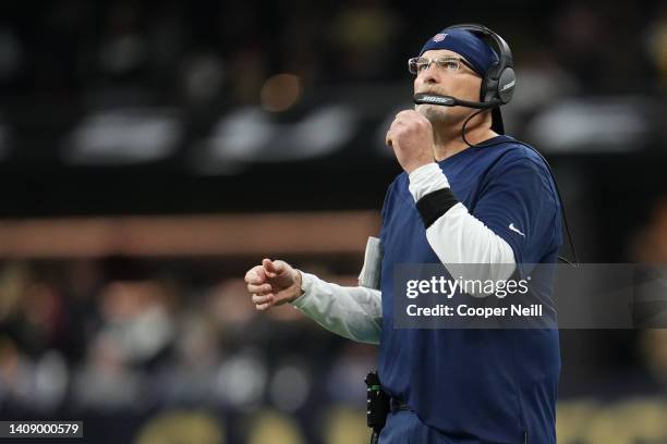 Dallas Cowboys defensive coordinator Dan Quinn reacts against the New Orleans Saints during an NFL game at Caesars Superdome on December 02, 2021 in...