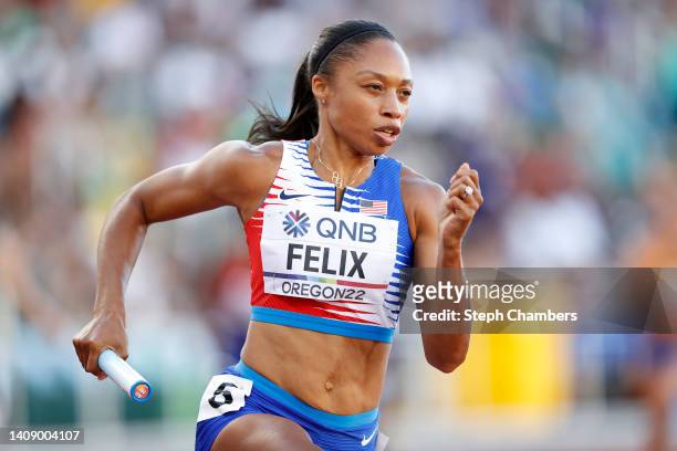 Allyson Felix of Team United States competes in the 4x400m Mixed Relay Final on day one of the World Athletics Championships Oregon22 at Hayward...