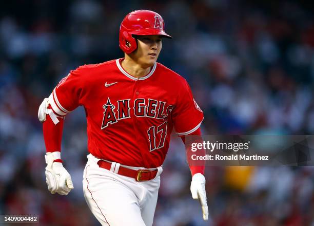 Shohei Ohtani of the Los Angeles Angels grounds out against the Los Angeles Dodgers in the fourth inning at Angel Stadium of Anaheim on July 15, 2022...