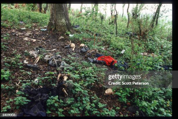 The remains of Muslim men at a mass grave site where they were killed by Serb forces, Srebrenica, Bosnia and Herzegovina, May 14, 1996 . Yugoslav...