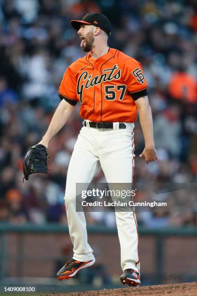 Pitcher Alex Wood of the San Francisco Giants reacts after the last out of the in the top of the third inning against the Milwaukee Brewers at Oracle...