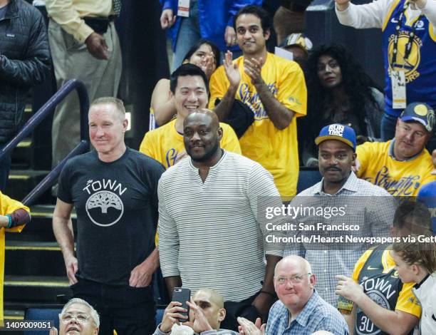 Former Golden State Warriors Chris Mullin, Tim Hardaway and Mitch Richmond are introduced during game 3 of the Western Conference Finals between the...