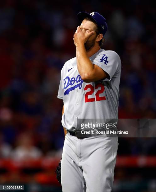 Clayton Kershaw of the Los Angeles Dodgers after the third out against the Los Angeles Angels in the sixth inning at Angel Stadium of Anaheim on July...