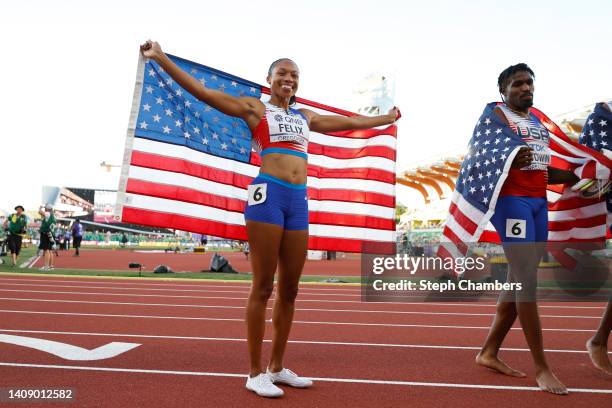 Allyson Felix of Team United States reacts after winning bronze in the 4x400m Mixed Relay Final on day one of the World Athletics Championships...