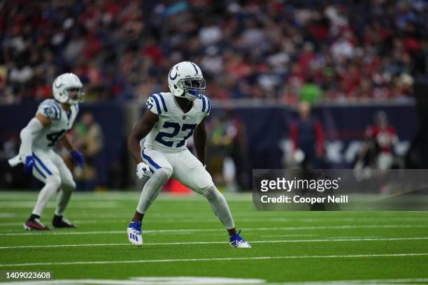 Xavier Rhodes of the Indianapolis Colts defends against the Houston Texans during an NFL game at NRG Stadium on December 05, 2021 in Houston, Texas.