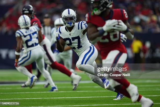 Xavier Rhodes of the Indianapolis Colts defends against the Houston Texans during an NFL game at NRG Stadium on December 05, 2021 in Houston, Texas.