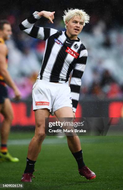 Jack Ginnivan of the Magpies celebrates a goal during the round 18 AFL match between the Adelaide Crows and the Collingwood Magpies at Adelaide Oval...