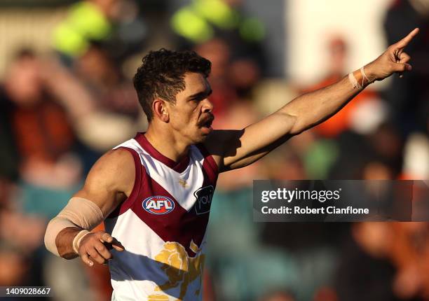 Charlie Cameron of the Lions celebrates after scoring a goal during the round 18 AFL match between the Greater Western Sydney Giants and the Brisbane...