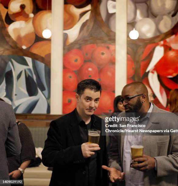 Joe DeRose, left, and Maurice Miles, right, chat during a Three Day Rule matchmaking event at LV Mar Restaurant in Redwood City, Calif., on...