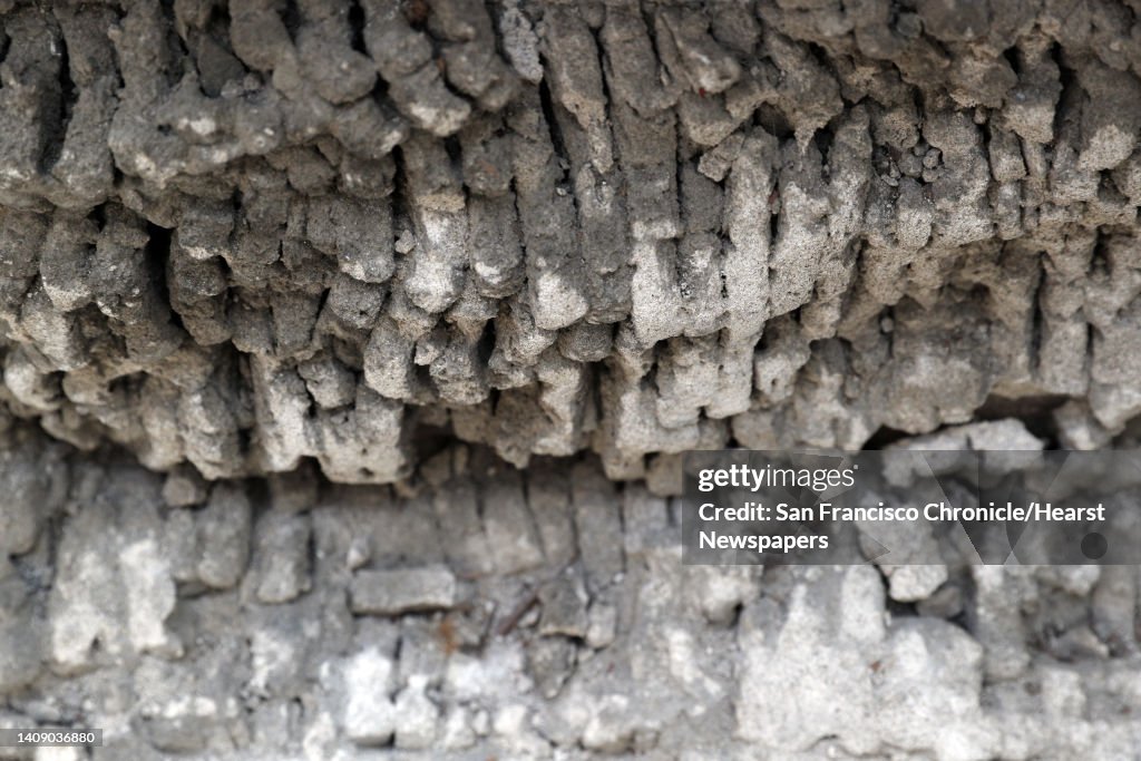 Plaster keys are seen penetrating a steel mesh lathe as part of the ceiling over the Garden Court at the Palace Hotel in San Francisco, Calif., on Tuesday, August 15, 2017. The Palace Hotel is refurbishing the classic glass and old ceiling at the famous