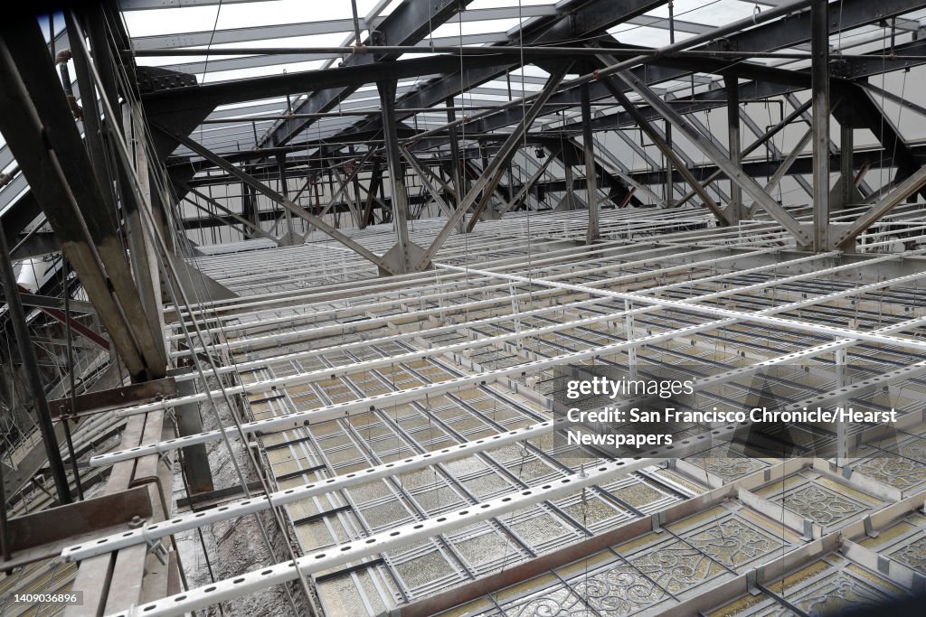 A view of the structural support of the leaded glass ceiling below another protective ceiling that was added during a 1989 retrofitting at the Palace Hotel in San Francisco, Calif., on Tuesday, August 15, 2017. The Palace Hotel is refurbishing the classi