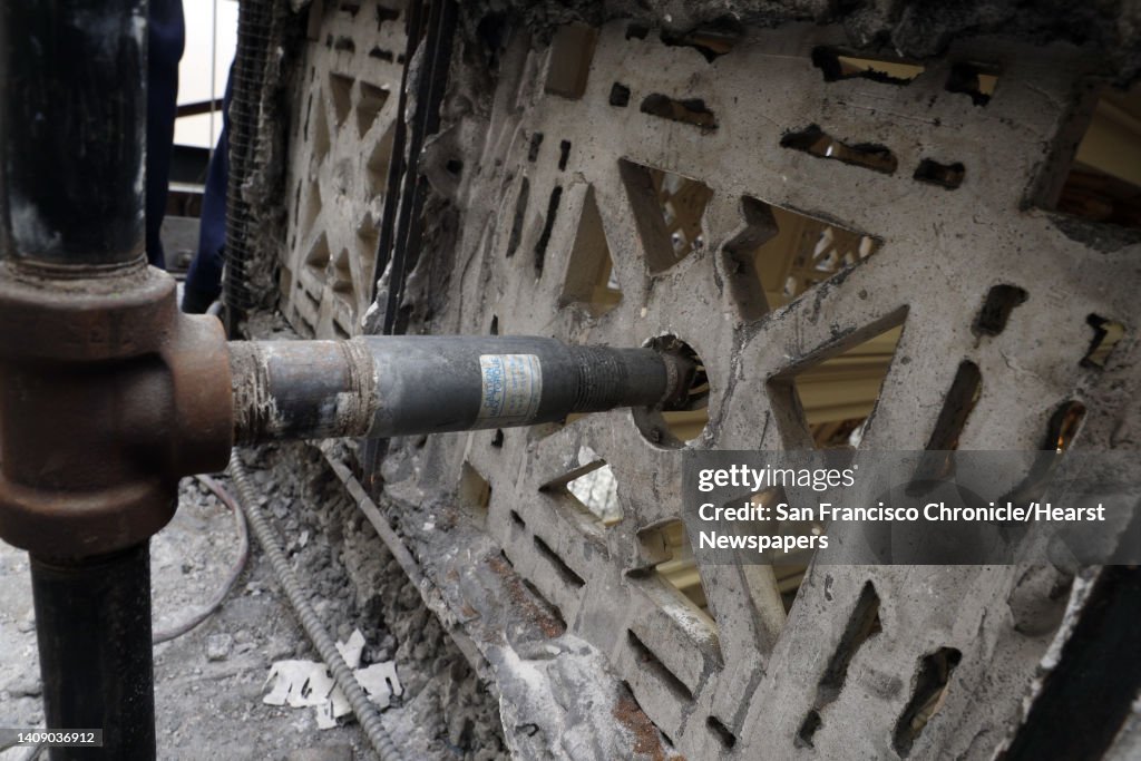 A retrofitted sprinkler that was added after a renovation in 1989 can be seen penetrating through a terracota panel in the leaded glass ceiing at the Palace Hotel in San Francisco, Calif., on Tuesday, August 15, 2017. The Palace Hotel is refurbishing the