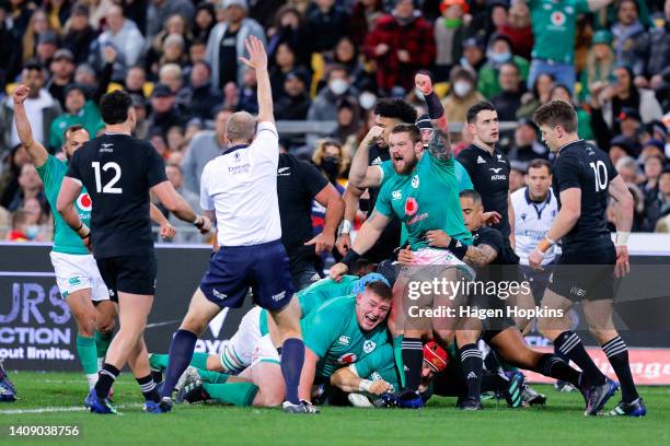 Ireland celebrate the try of Josh van der Flier during the International Test match between the New Zealand All Blacks and Ireland at Sky Stadium on...