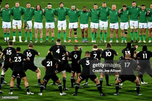 Ireland face the haka during the International Test match between the New Zealand All Blacks and Ireland at Sky Stadium on July 16, 2022 in...