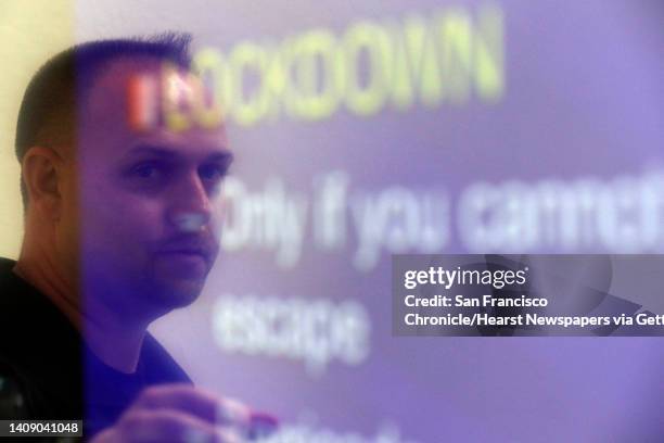 Cpl. Wade McAdam points out objectives of an active shooter training session presented by the UC Police on the UC Berkeley campus in Berkeley,...