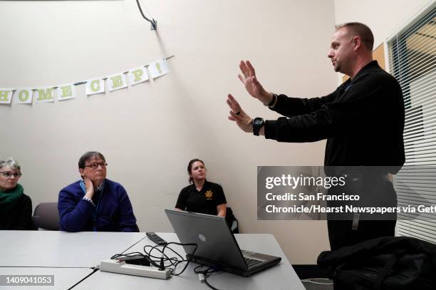 Cpl. Wade instructs students how to defend themselves during an active shooter training session presented by the UC Police on the UC Berkeley campus...