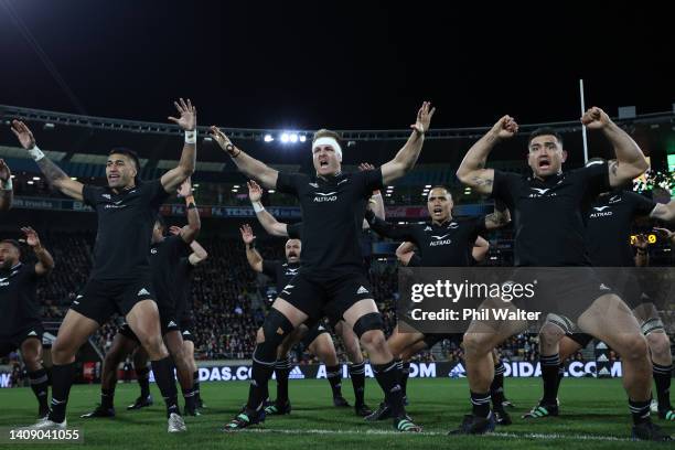 Sam Cane, captain of the All Blacks performs the haka with the team during the International Test match between the New Zealand All Blacks and...