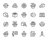 Vector set of abstract product line icons. Contains icons product release, module, presentation, product development, packaging, cost, product launch and more. Pixel perfect.