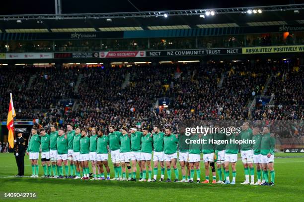 Ireland line up for the national anthem during the International Test match between the New Zealand All Blacks and Ireland at Sky Stadium on July 16,...