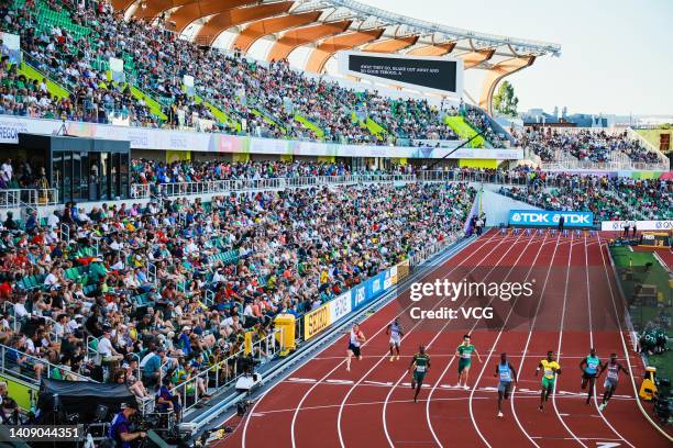 Cesar Almiron of Team Paraguay, Melique Garcia of Team Honduras, Akani Simbine of Team South Africa, Jake Doran of Team Australia, Letsile Tebogo of...