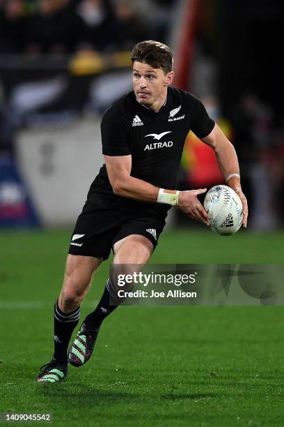 Beauden Barrett of the All Blacks charges forward during the International Test match between the New Zealand All Blacks and Ireland at Sky Stadium...