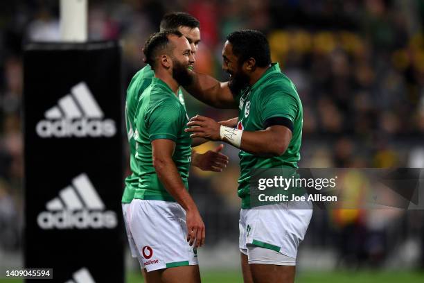 Jamison Gibson Park of Ireland and Bundee Aki of Ireland celebrate a try during the International Test match between the New Zealand All Blacks and...