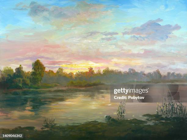 stockillustraties, clipart, cartoons en iconen met sunset on the river, oil painting - painting activity