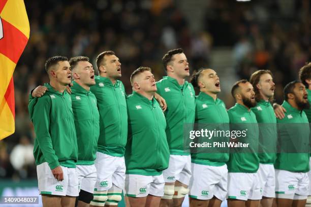 Ireland sing the national anthem during the International Test match between the New Zealand All Blacks and Ireland at Sky Stadium on July 16, 2022...