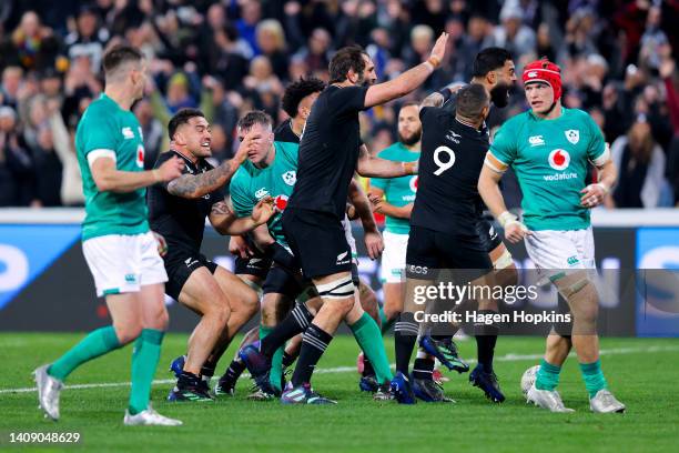 New Zealand players celebrate the try of Akira Ioane during the International Test match between the New Zealand All Blacks and Ireland at Sky...