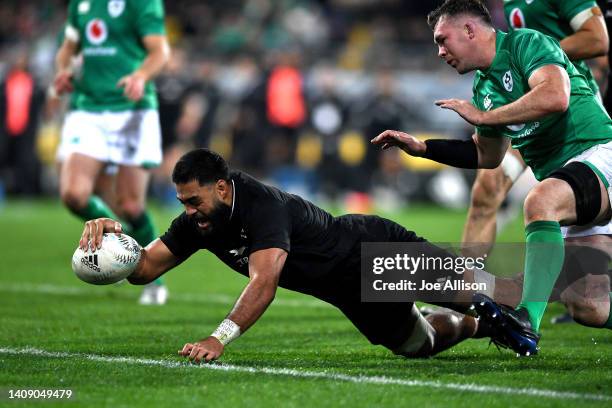 Akira Ioane of the All Blacks scores a try during the International Test match between the New Zealand All Blacks and Ireland at Sky Stadium on July...