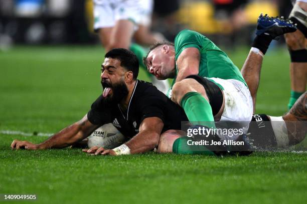 Akira Ioane of the All Blacks scores a try during the International Test match between the New Zealand All Blacks and Ireland at Sky Stadium on July...