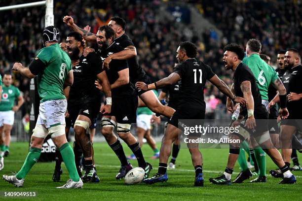 The All Blacks celebrate after Akira Ioane's try during the International Test match between the New Zealand All Blacks and Ireland at Sky Stadium on...