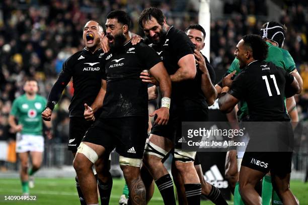 The All Blacks celebrate after Akira Ioane's try during the International Test match between the New Zealand All Blacks and Ireland at Sky Stadium on...