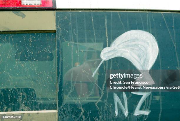 Drawing of a Kiwi bird on the truck used by New Zealand firefighter Phil Muldoon as he coordinates water refills in the Mendocino National Forest...