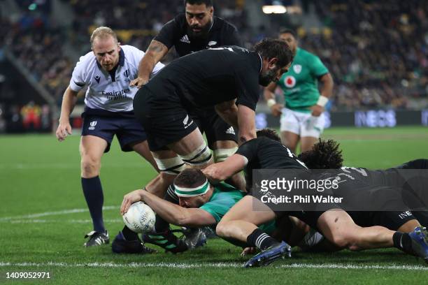 Rob Herring of Ireland scores a try during the International Test match between the New Zealand All Blacks and Ireland at Sky Stadium on July 16,...
