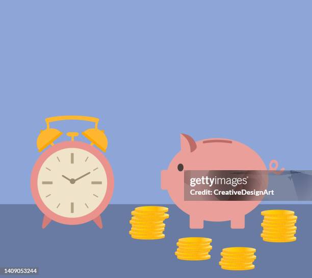 ilustrações, clipart, desenhos animados e ícones de economize conceito de dinheiro com cofrinho, relógio e pilha de moedas - clocks go forward