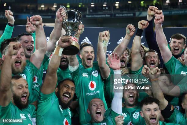 Johnny Sexton, caption of Ireland and the team celebrate during the International Test match between the New Zealand All Blacks and Ireland at Sky...
