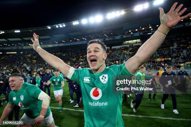 Johnny Sexton of Ireland celebrates on full time during the International Test match between the New Zealand All Blacks and Ireland at Sky Stadium on...