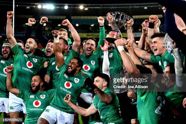 Ireland celebrate with the trophy after winning the International Test match between the New Zealand All Blacks and Ireland at Sky Stadium on July...