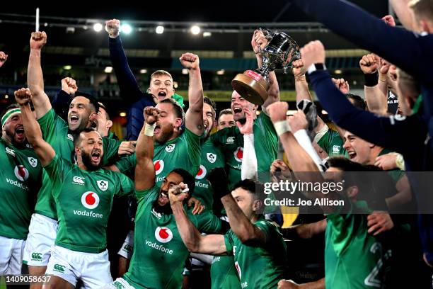 Ireland celebrate with the trophy after winning the International Test match between the New Zealand All Blacks and Ireland at Sky Stadium on July...