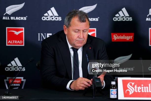 Coach Ian Foster of New Zealand looks on during a press conference following the International Test match between the New Zealand All Blacks and...