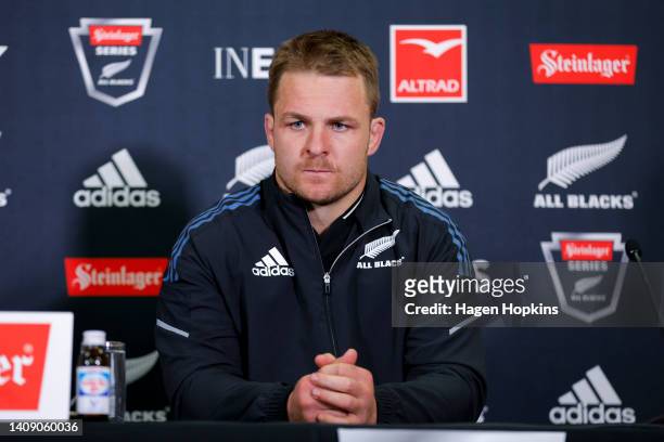Sam Cane of New Zealand looks on during a press conference following the International Test match between the New Zealand All Blacks and Ireland at...