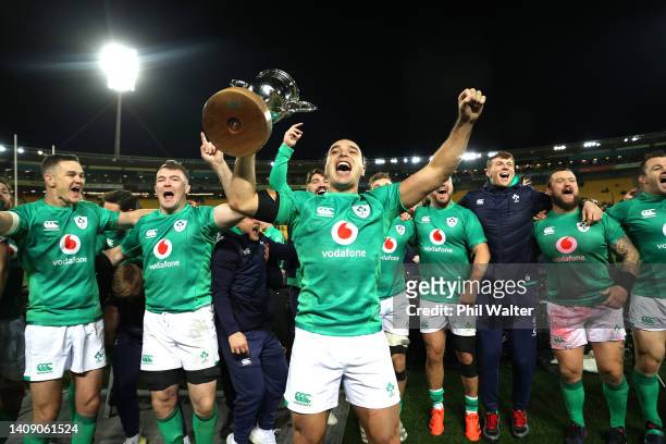 James Lowe of Ireland celebrates with the trophy following the International Test match between the New Zealand All Blacks and Ireland at Sky Stadium...